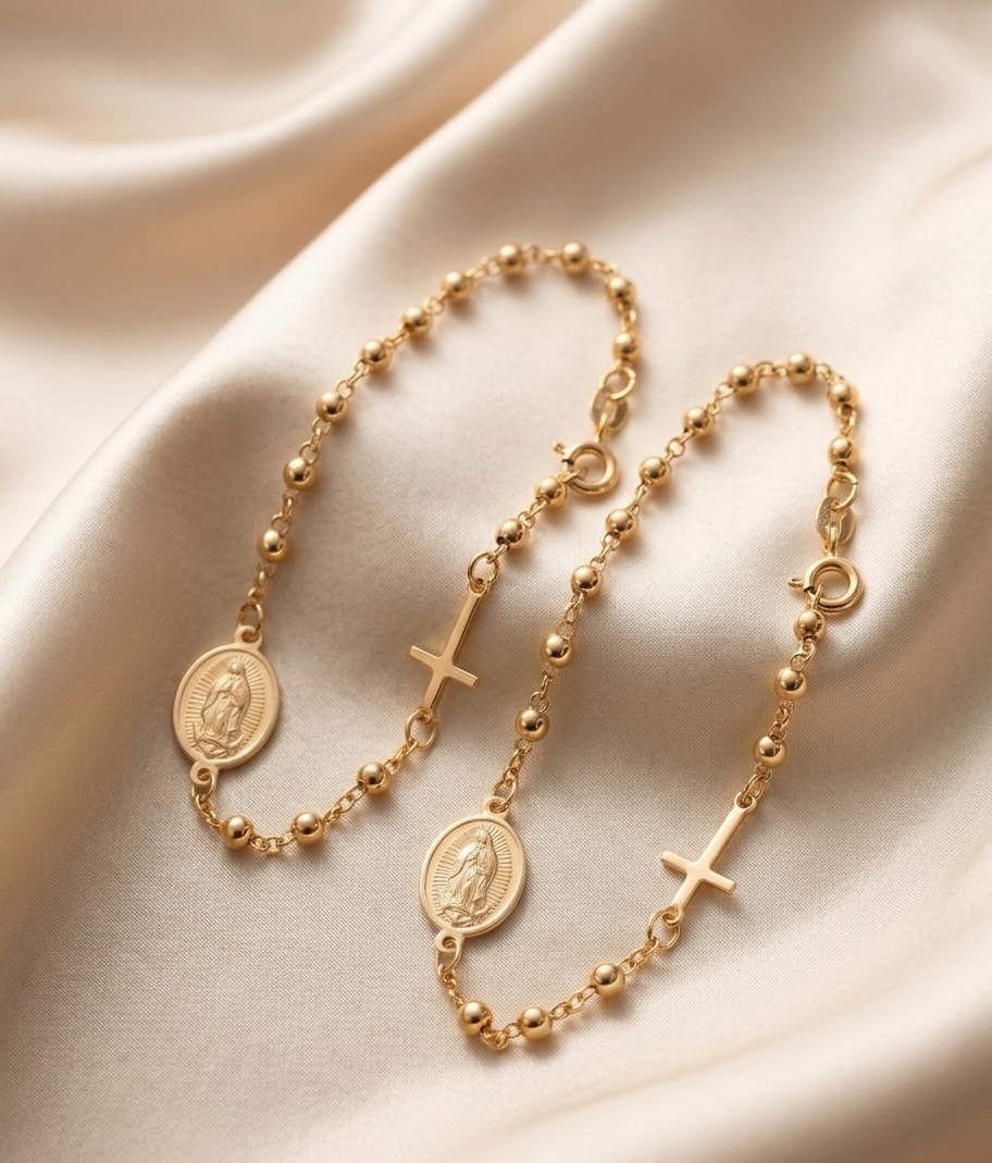 Combo Dúo Fe y Protección: 2 Pulseras Denario Virgen de Guadalupe – Oro Laminado 18K